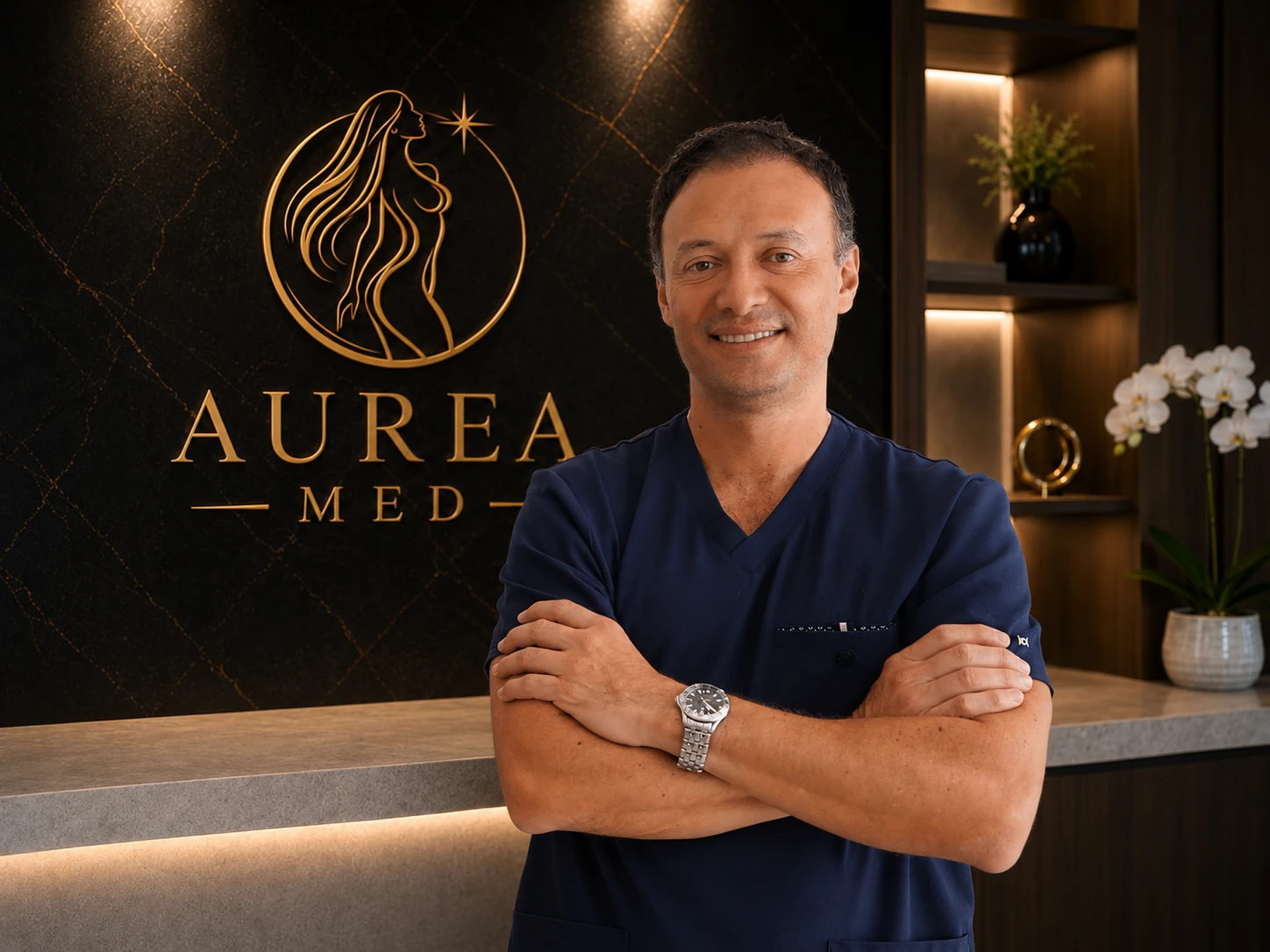 Dr. Mauricio Pineda Valencia, retrato con fondo ambientado digitalmente