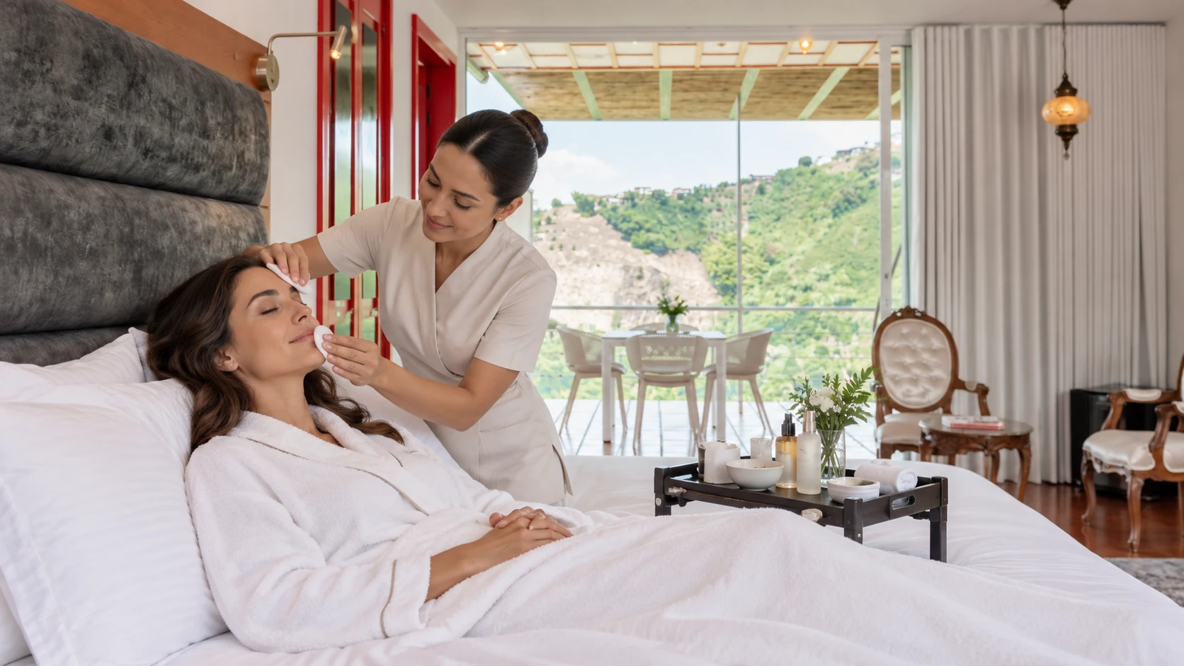 Limpieza facial en la habitación del hotel